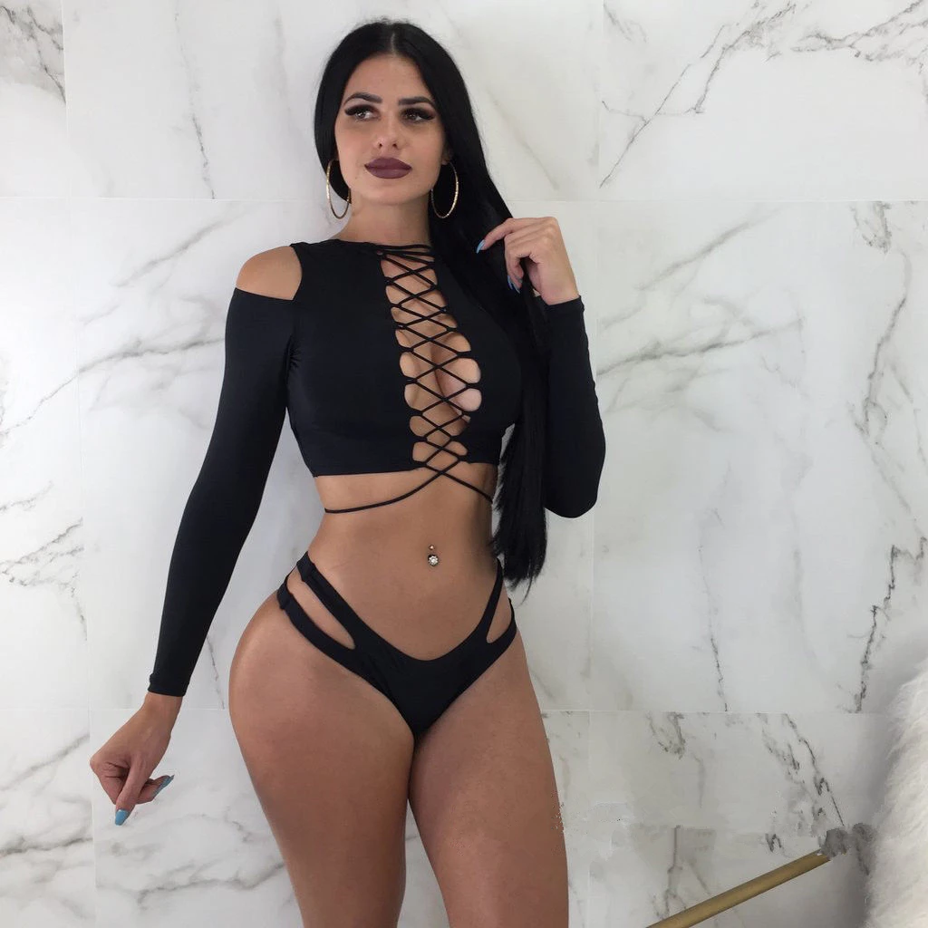 

Sexy Women Hollow Bikini Set Push-Up Bandage Swimsuit Long Sleeve Swimwear Bathing Suit Biquini Swimming Double Sided Wearable