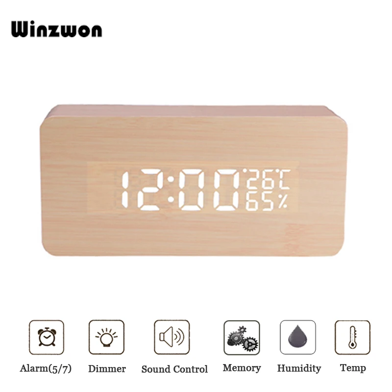 

Wooden Alarm Clock Sound Control LED Digital Clock Portable Travel Clock Dimmer Wake Up Light With Memory Humidity For Kids Room