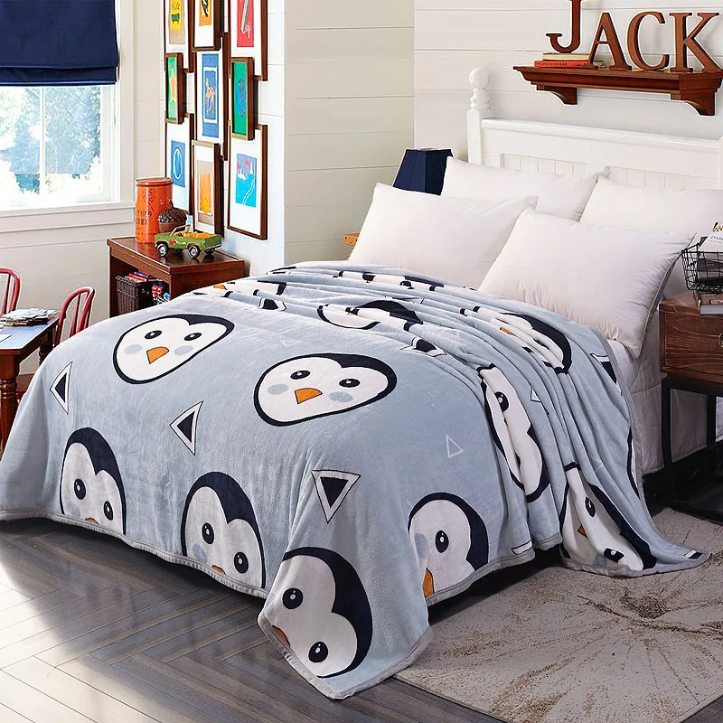 

Super Soft Warm Coral Fleece Blanket Cute Penguin Pattern Printed Plaid Sofa Cover Winter Velvet Plush Blankets On The Bed