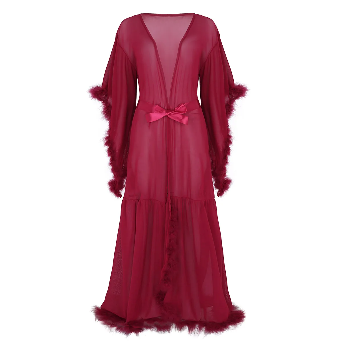 Женская взрослая сетчатая одежда для сна, медовый месяц, прозрачная, с расклешенными рукавами, длинное нижнее белье, халат, одежда для сна, ночная рубашка - Цвет: Wine Red