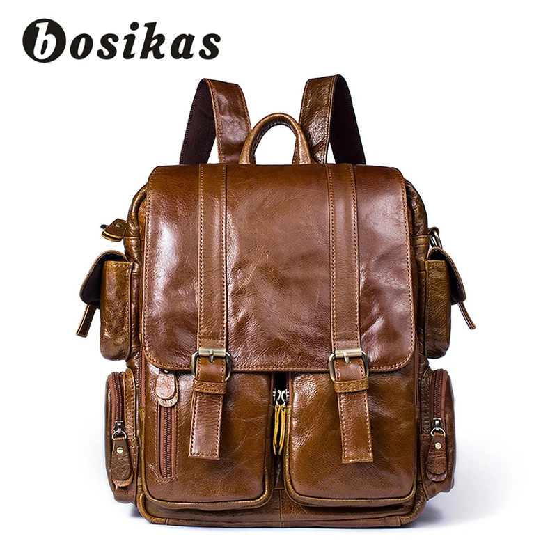 

BOSIKAS Men Backpack 14inch Leather Laptop Backpack Genuine Leather Hasp Men Bag Fashion Backpacks for Teen Travel School Bag