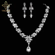 TREAZY Luxurious Wheat Teardrop Crystal Wedding Bridal Jewelry Set Silver Color Necklace Earrings Set for Women