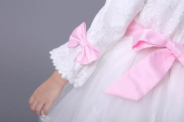 2016 New Flower Girl Dresses Long Sleeves Bow Sashes Party Pageant Communion Dress Little Girls Kids/Children Princess Dress