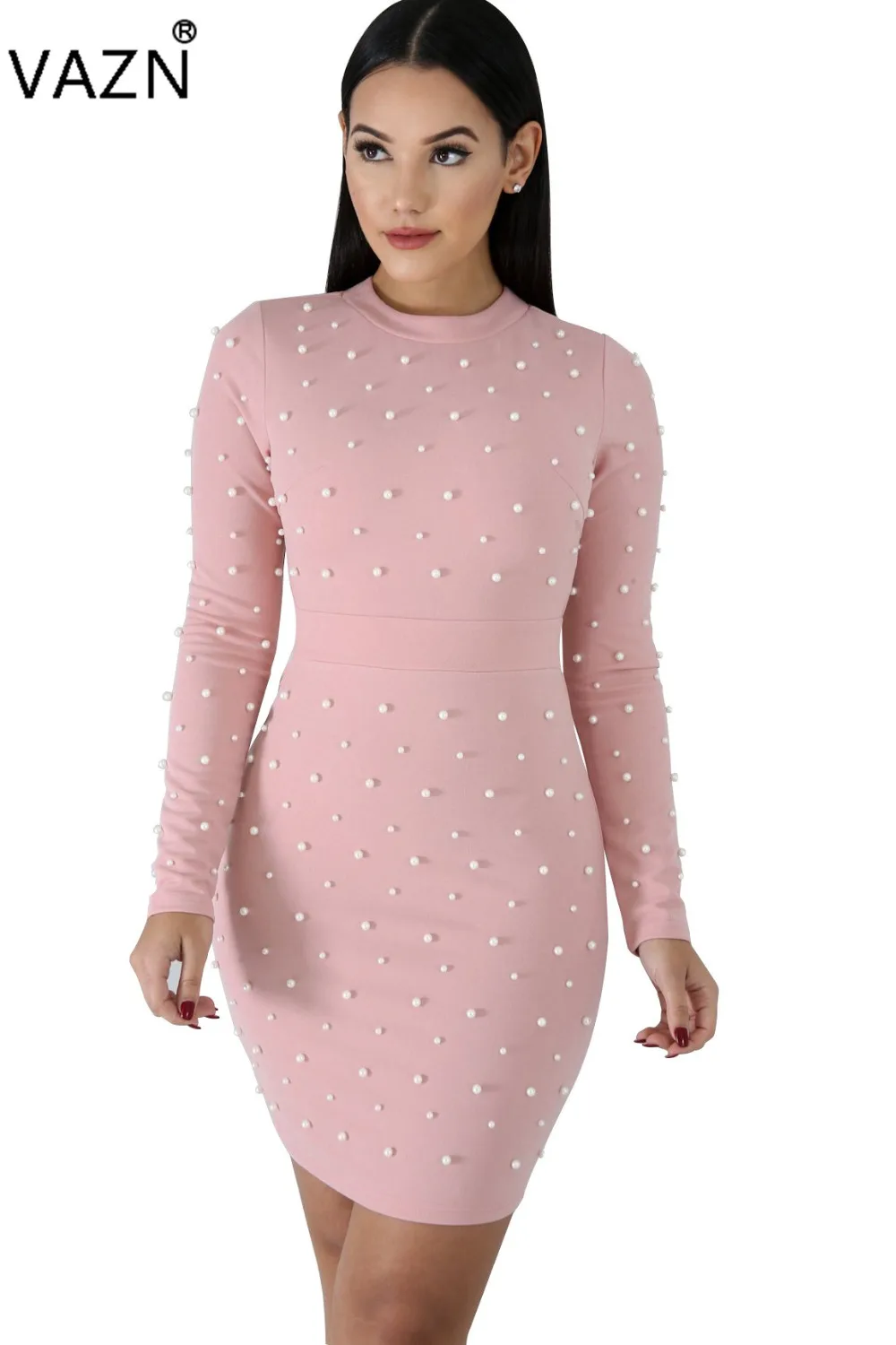 

VAZN Spring 2019 New Personality Fashion Sexy Women Solid 3 Color Pearls Dress Lady O-Neck Full Sleeve Skinny Mini Dress CY8083