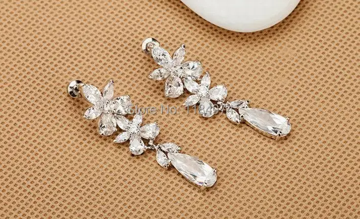 New Wedding Big Earring Long Earrings Cubic Zirconia Flower Drop Ear Rings High Quality Luxury Zircon Brand Jewelry | Украшения и