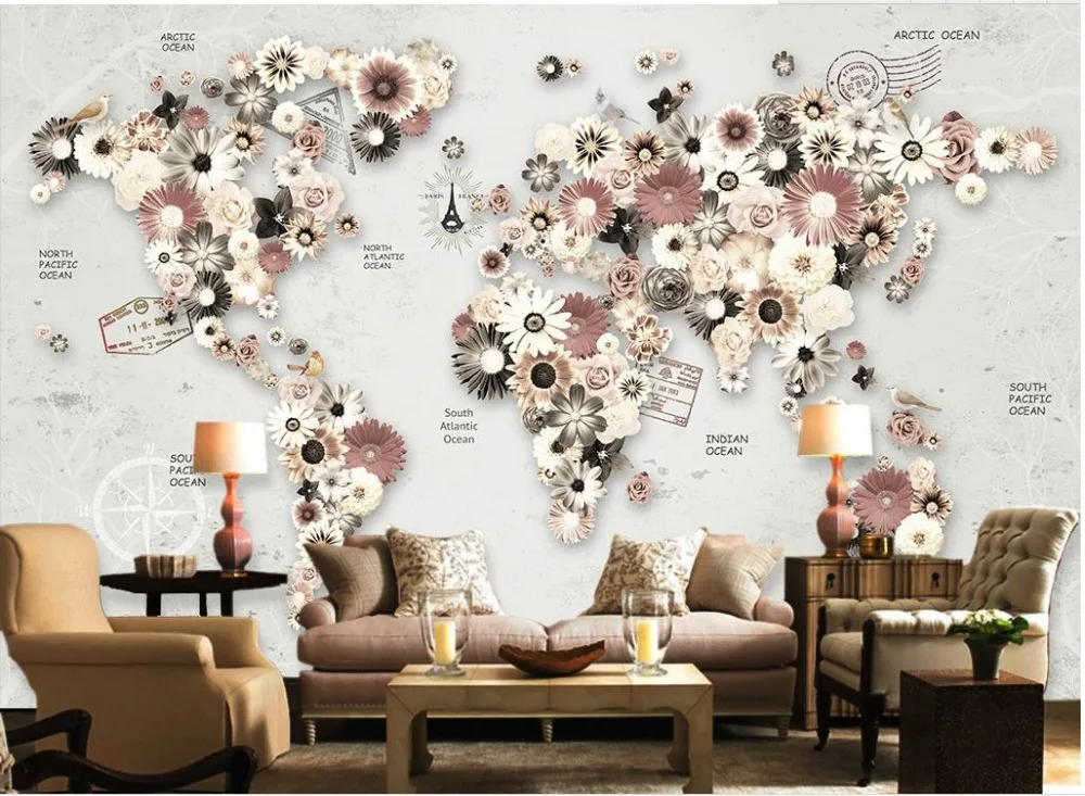 Téléchargement gratuit Images Papier Peint 3d Personnalise Fleurs Carte Du Monde Fond Mur Vivant actualisé par