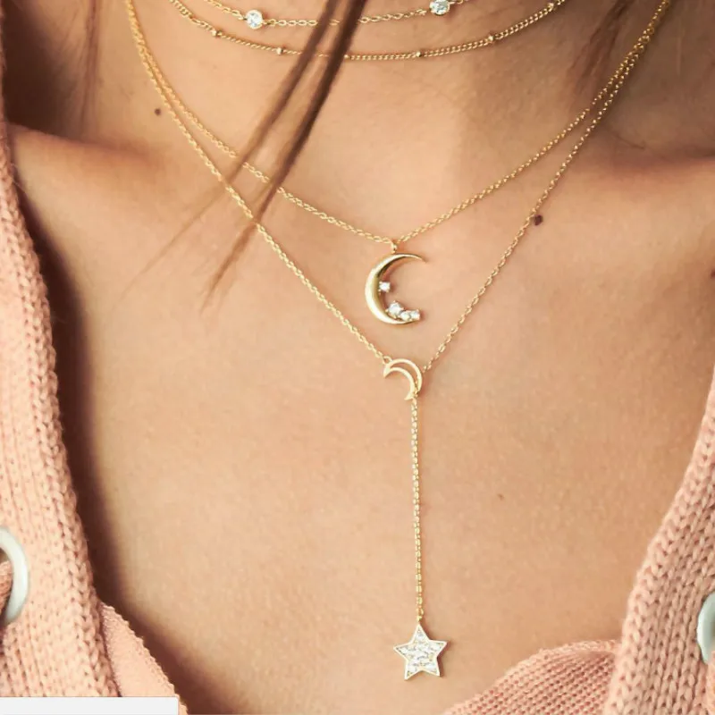 

Gold color Choker Necklace for women moon stars layers Pendant Chain Necklaces & Pendant Collier Ras Du Cou Collares Mujer