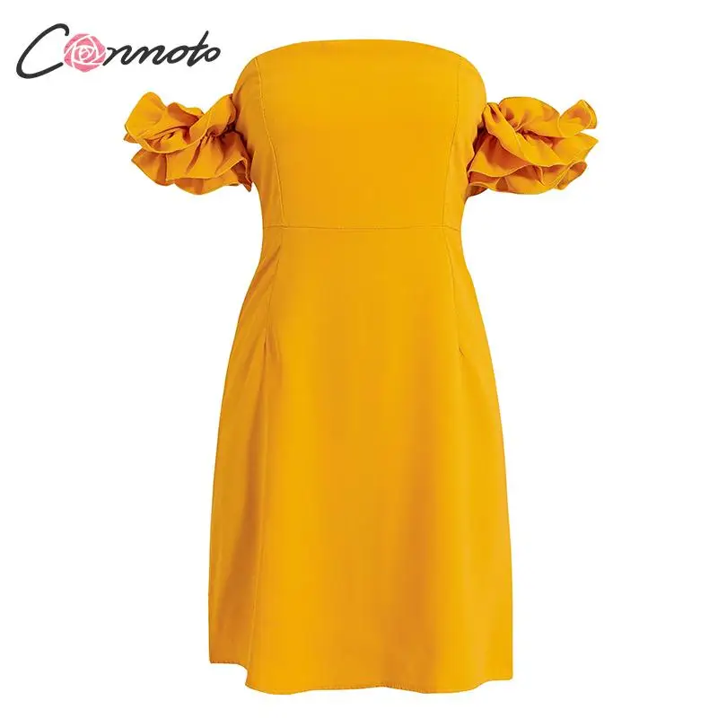 Conmoto Сексуальное короткое платье с открытыми плечами, однотонное желтое платье без бретелек, платье для вечеринок, лето - Цвет: Цвет: желтый