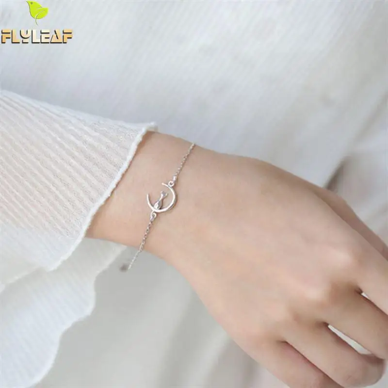 

Flyleaf 925 Sterling Silver Moon Cat Bracelets & Bangles For Women Simple Snap Button Jewelry Erkek Bileklik Pulseira