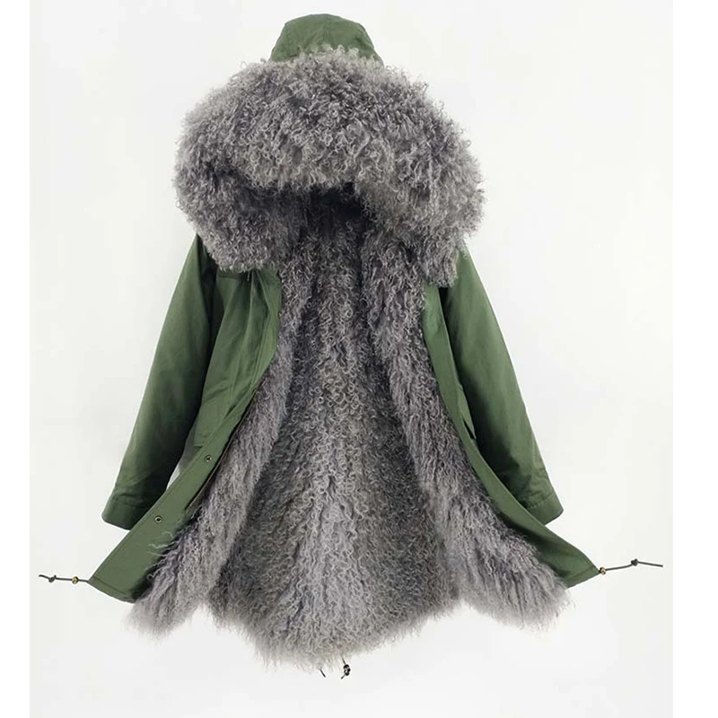2018 women real fur parka lady natural mongolian fur lining big fur collar detachable streewear very keep warm