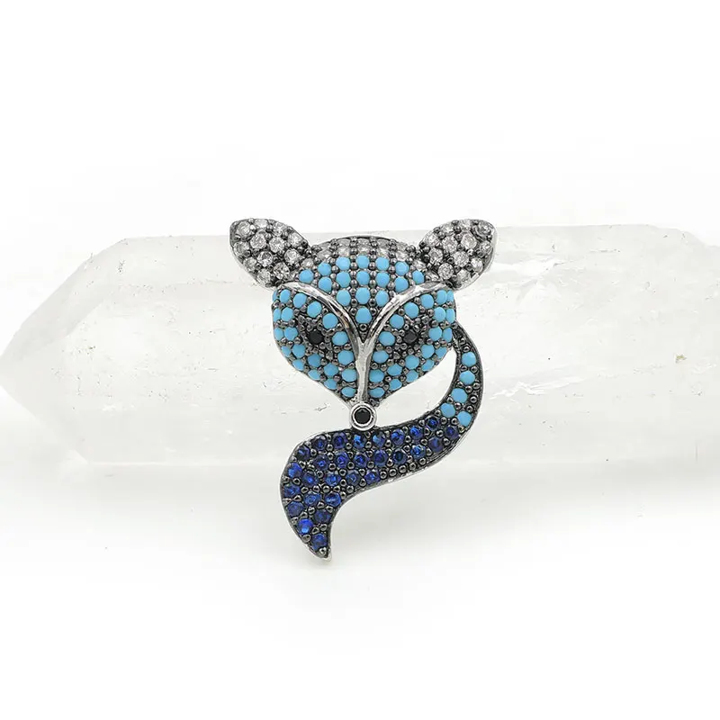 23*18*5 мм Micro Pave Clear& Kallaite& Blue CZ Чарм "Лиса" двойного кольца подходит для изготовления ожерелья ювелирные изделия - Окраска металла: Silver