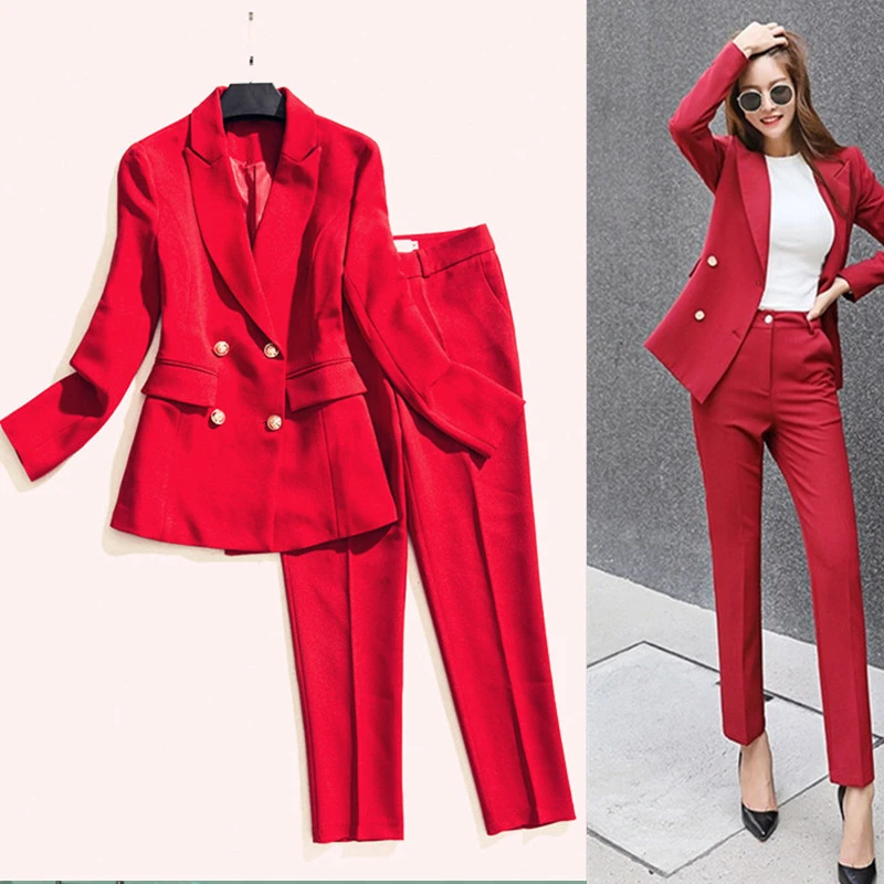 long smokkel Beter Set damesmode rood pak negen broek 2 sets van temperament pendelen OL  professionele slanke pak jas set 2019 nieuwe|Broekpak| - AliExpress