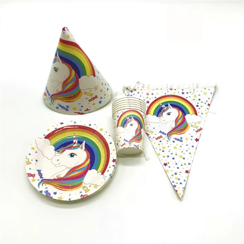 

48Pcs Rainbow Unicorn Theme Paper Cup+Plate+Banner Festival Wedding Anniversary Cocked Hats Kid Birthday Party Decoration Supply