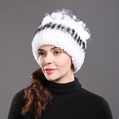 Горячая Распродажа Настоящий мех кролика Skullies Beanies шапки женские зимние теплые ручной работы вязаная шапка из меха кролика рекс с натуральным лисьим мехом шапка - Цвет: color 5