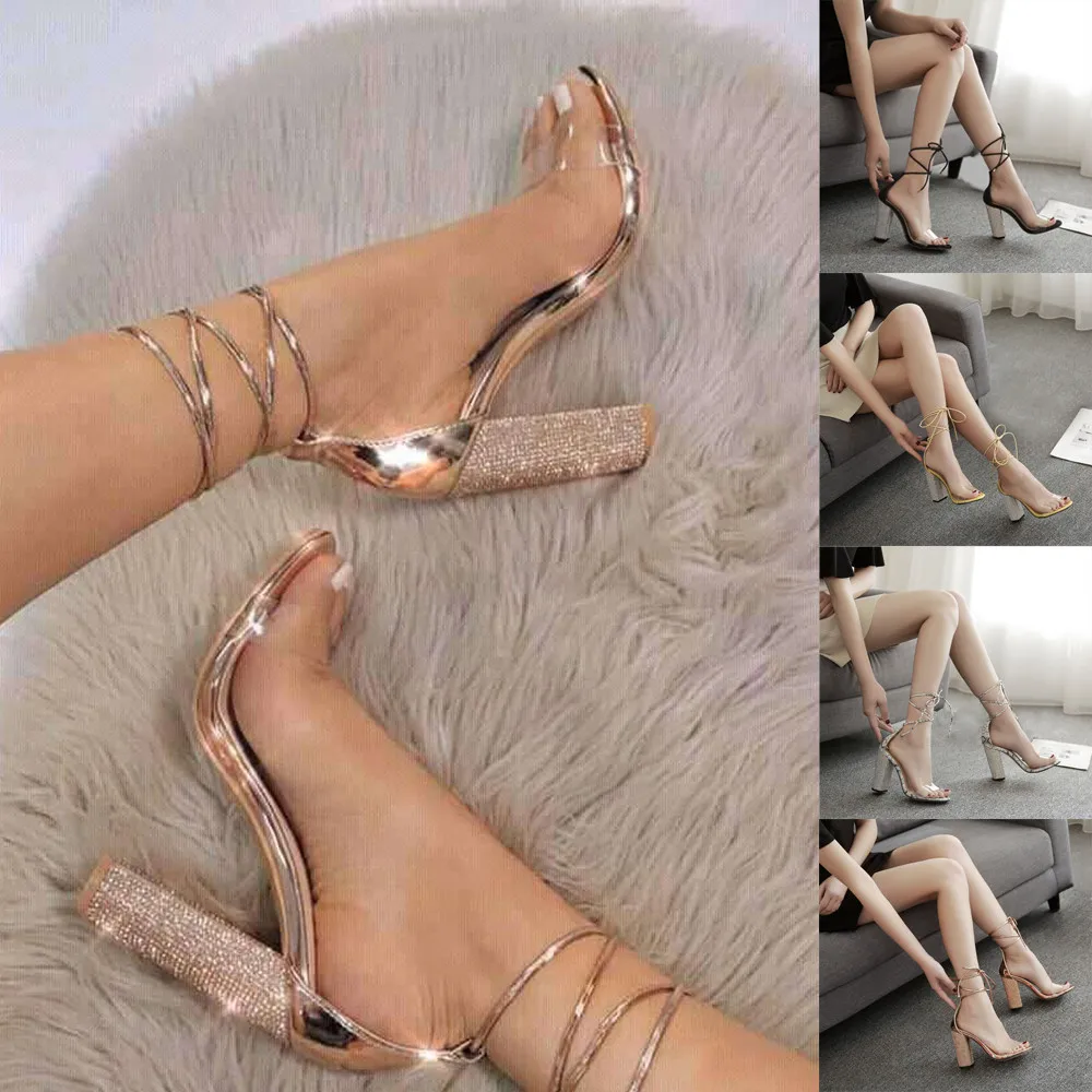 

Women Heeled Sandals Bandage Tied Transparent Crystal Ankle Strap Pumps Super High Heels Square Heels Lady Shoes