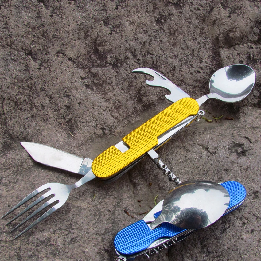 

Outdoor Picnic 5-in-1 Tableware With Spoon Fork Knife Bottle Opener Corkscrew Foldable Camping Explore Survival Tablewares