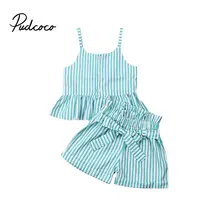 Летняя одежда для маленьких девочек коллекция года, новые брендовые комплекты одежды в полоску с бантом и поясом для девочек топы+ шорты, От 6 месяцев до 6 лет, размер 80-120, Прямая поставка