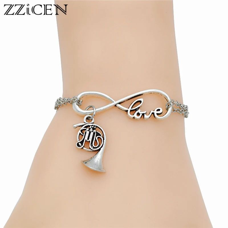

New Vintage Musical Instrument Antique Silver Trumpet French Horn Pendant Infinity Love Charm Metal Chain Music Party Bracelets