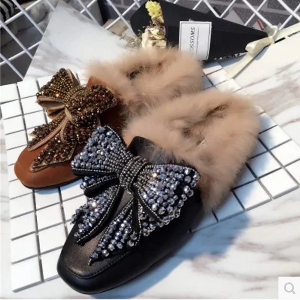 SWYIVY Woman Mulers Flats Shoes Rabbit Fur Luxury Winter Warm Fur Shoes Rhinestone Bow Female Casual Shoes Loafers Flats Autumn