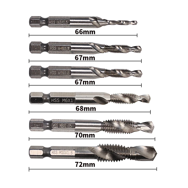 HSS Metric Hex Shank High Speed Steel Spiral Flute 2in1 Combination Drill and Tap Bit Set M3-M10 with 1/4 Hex Shank Set of 6pcs phyhoo mini vernier caliper 100mm 150mm steel hardened metric machinist vernier caliper thickness gauge mikrometre