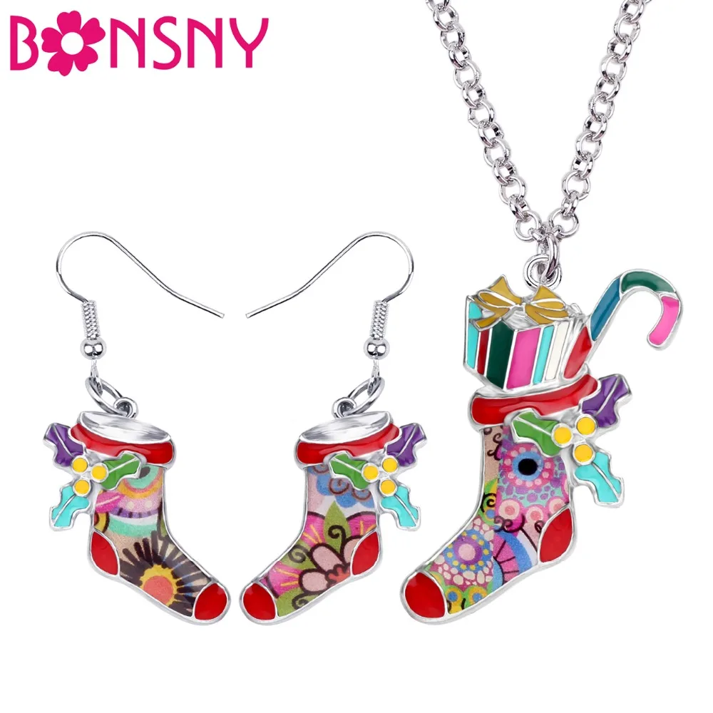

Bonsny Enamel Alloy Christmas Socks Gift Box Jewelry Sets Drop Earrings Necklace Pendant Navidad New For Women Girls Accessories