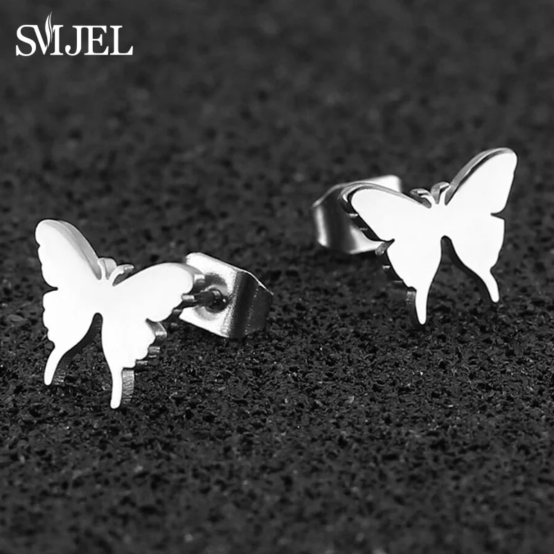 

SMJEL Stainless Steel Butterfly Earrings Studs Jewelry Silver Women Earings Animal Child Frosted Butterfly Cartilage Ear 2019