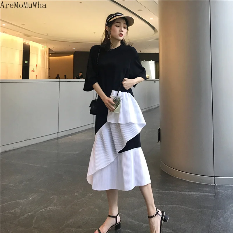 

AreMoMuWha 2019 Spring New Hem Irregular Stitching Split Loose Dress Female Summer Long Section Slim Short-sleeved T-shirt Dress