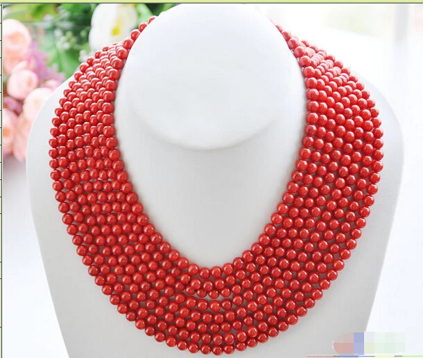 

A S1645 Real 8row 16"~22" 6MM round red coral bead necklace