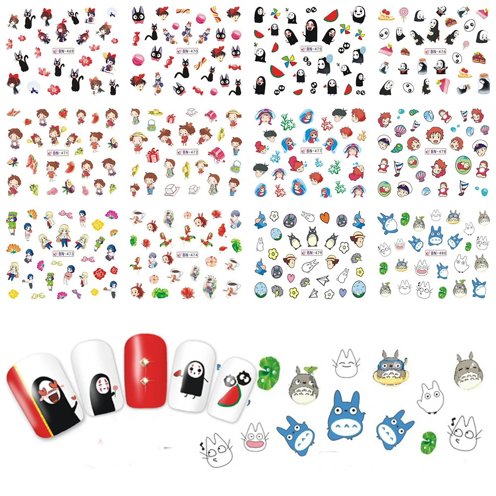 

12pcs Cute Totoro Cat Nail Sticker Water Transfer Nail Art Decal Nails Slider Manicure Tips BN469-480