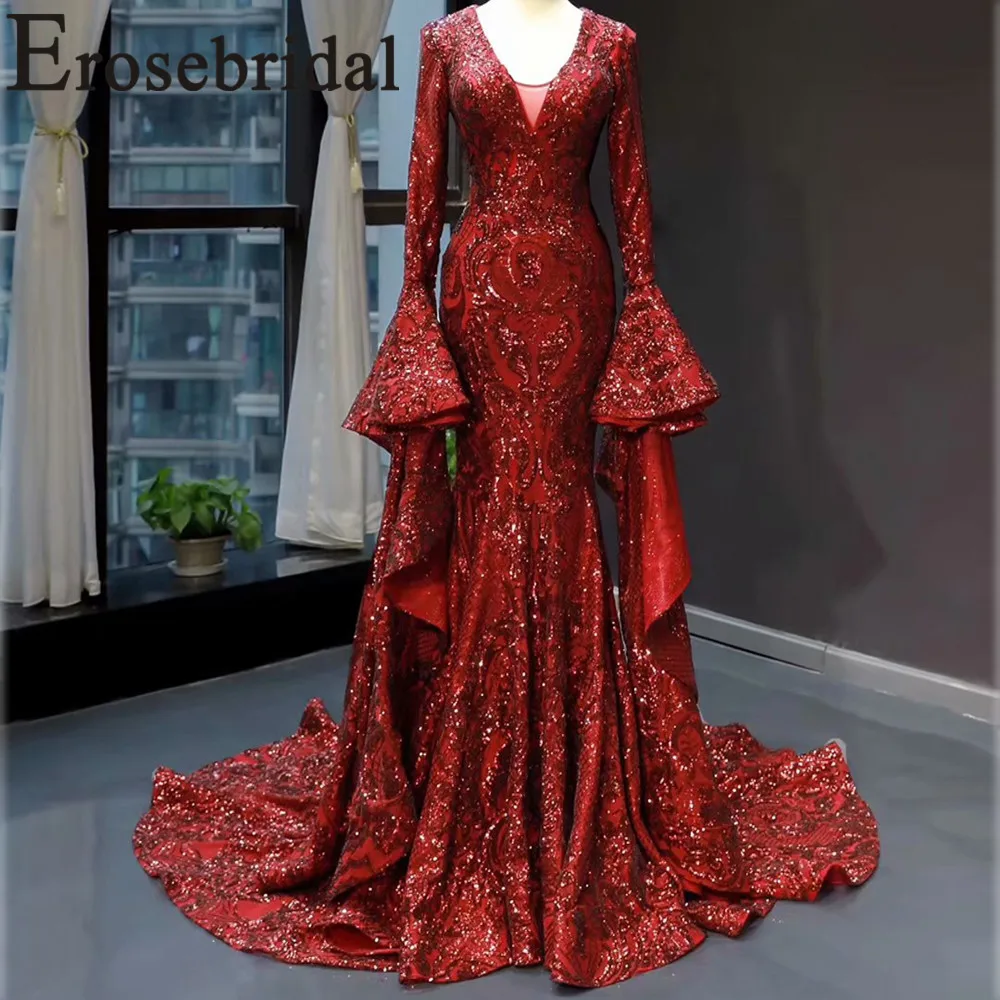 

Erosebridal New Arrival 2019 Full Flare Sleeve Wedding Dresses Claret V-Neck Mermaid Gown Luxury Bride Dress Lace for Women
