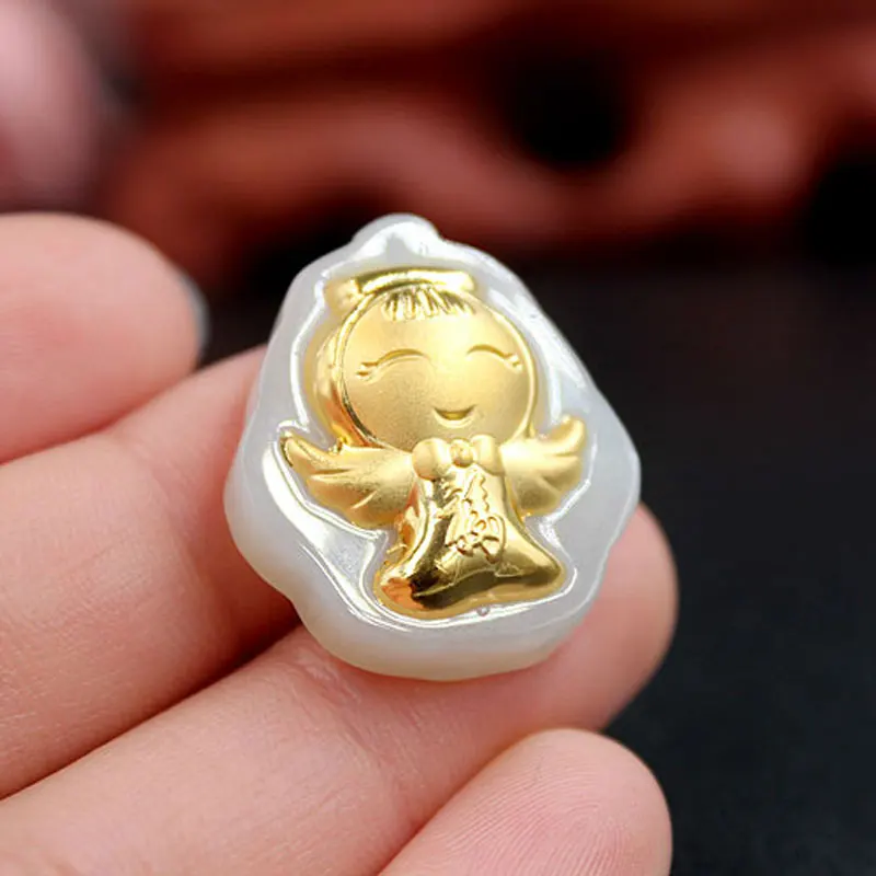 

Natural Hetian White Jade Inlay 24K Gold Pendant Child Angel Necklace Pendant Men and women Jade Jewelry Gift