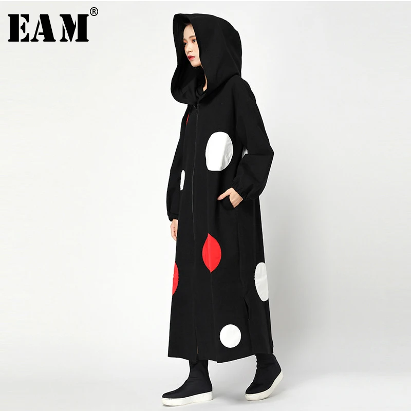 [EAM] Loose Fit Hooded Dot Printed Woolen Coat Parkas New Long Sleeve Big Size Women Fashion Tide Autumn Winter JY733