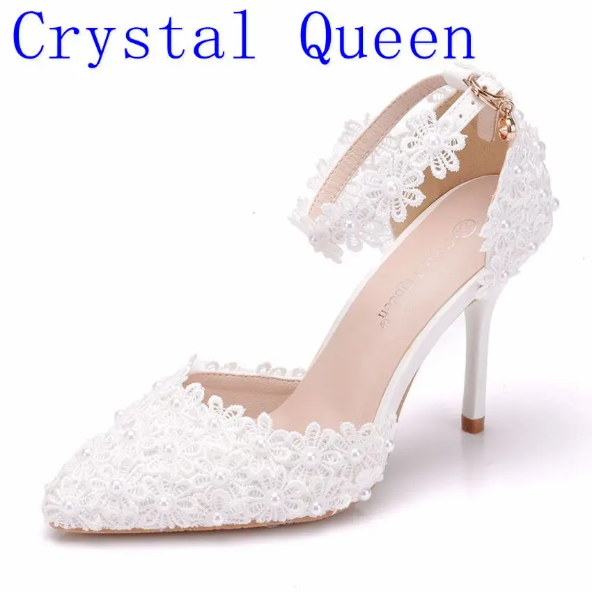 

Crystal Queen Pearl White Lace Wedding Shoes With Fine Pointed Bride Dress Shoes High 9CM Two Type Women's Shoes Pumps Party