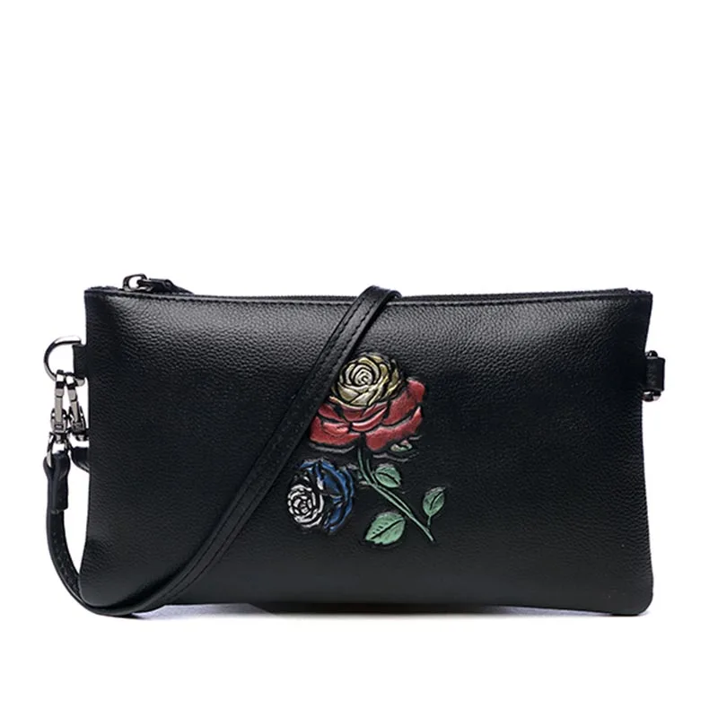 Fashion Rose Hand Clutch Bag Wallet Zipper Purse Genuine Leather Day