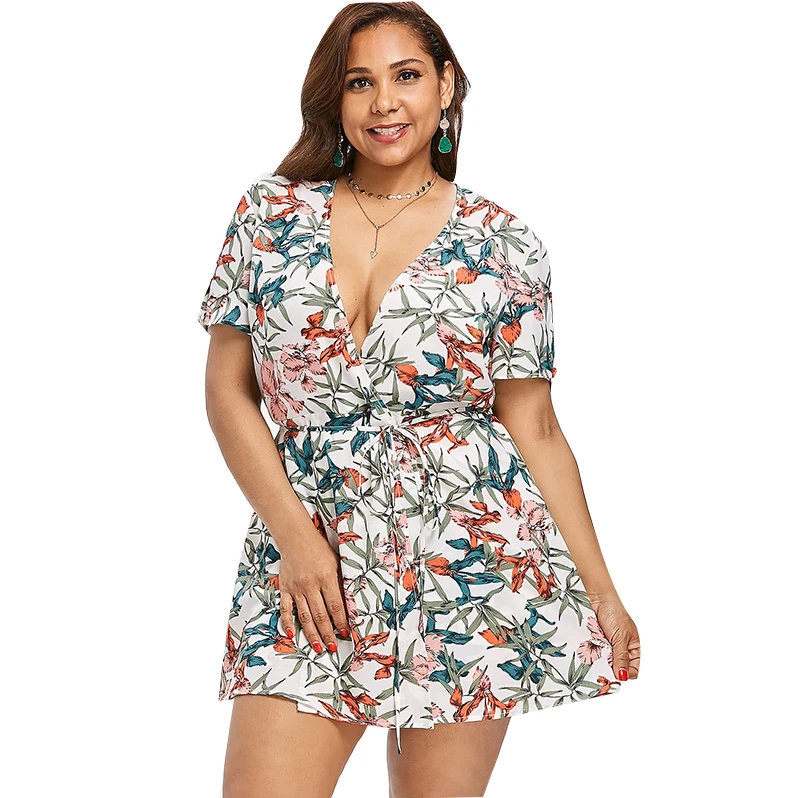 

Womens Sexy Deep V Neck Bodysuit Playsuit Split Sleeve Printed Flower Summer Shorts Jumpsuit Rompers For Ladies Large Size 2019