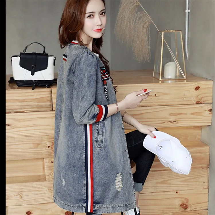 Vangull Penguin Embroidery Denim Jacket Coat Spring Long Ripped Denim Jacket Women Plus Size Jeans Jacket Women Tops New