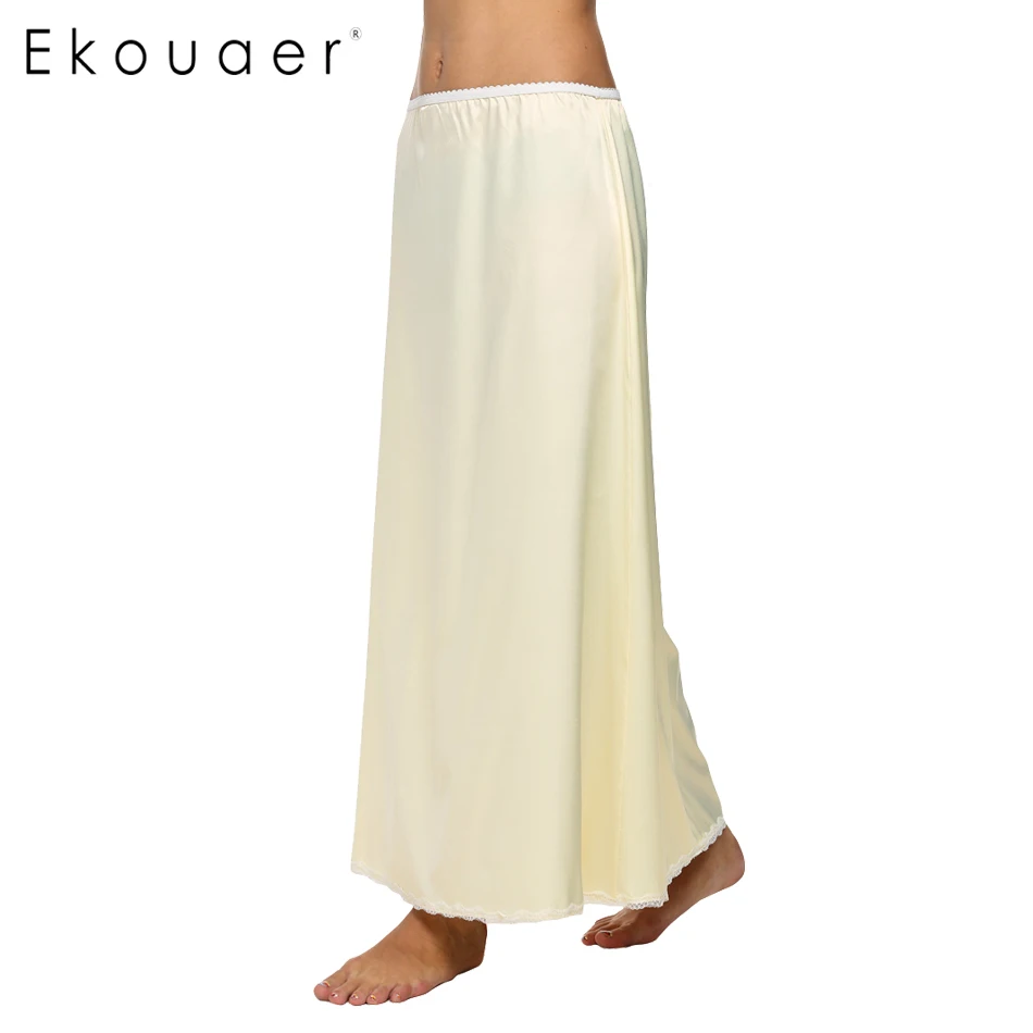 2017 Women Satin Solid Lace Trim Maxi Half Slip Underskirt Slip Skirt