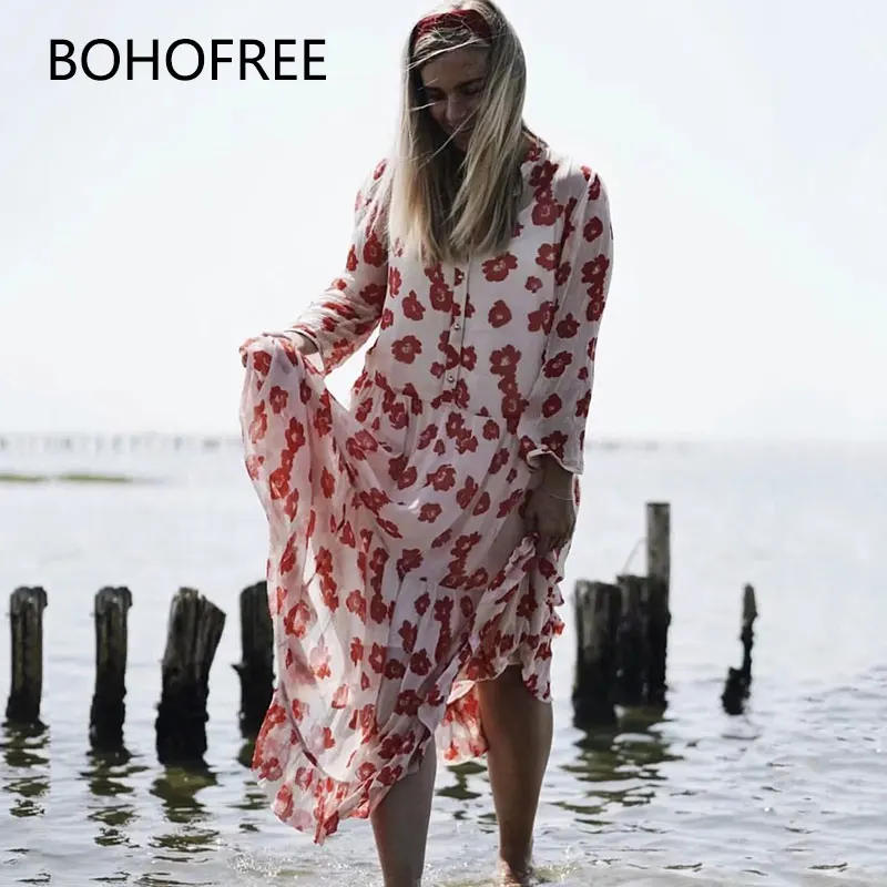 BOHOFREE осень новый цветочный принт длинное платье свободные уличная макси Vestidos