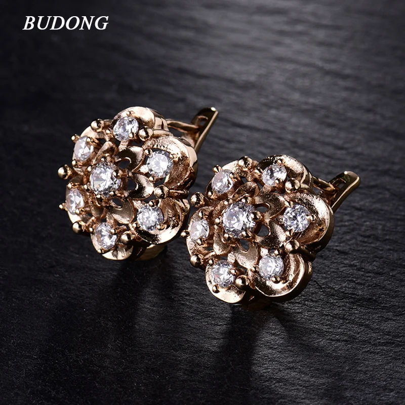 Женские серьги кольца BUDONG Большие серебристые/золотистые с цветами и