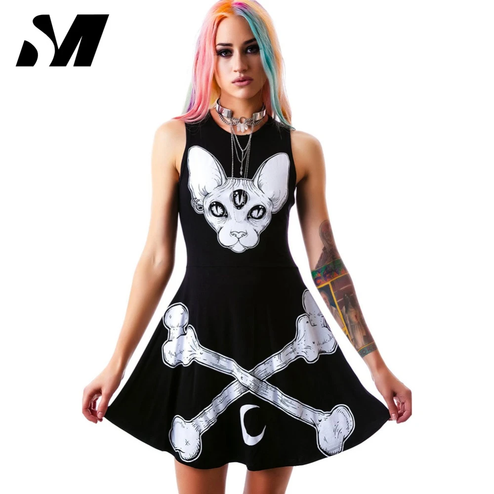 Vestido original vestidos mujer 2016 tipo Harajuku, vestidos negros estilo punk mangas con estampados de