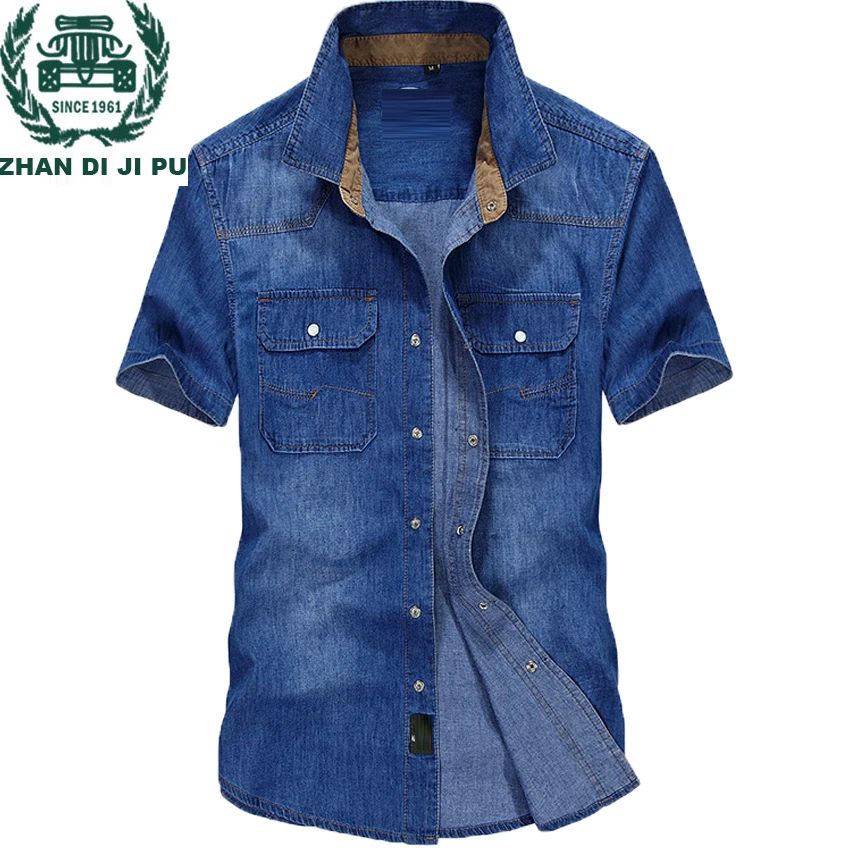 

ZHAN DI JI PU Brand Clothing Mens Blue Color Denim Shirt Casual Style Summer Dress Short Sleeve Shirts Men Plus Size M-3XL 65