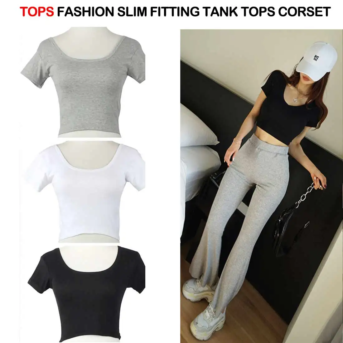 

2019 hot high waist short sleeve top sexy cool 90's basic T-shirt short shirt fashion slimming brand halter top corset club outf