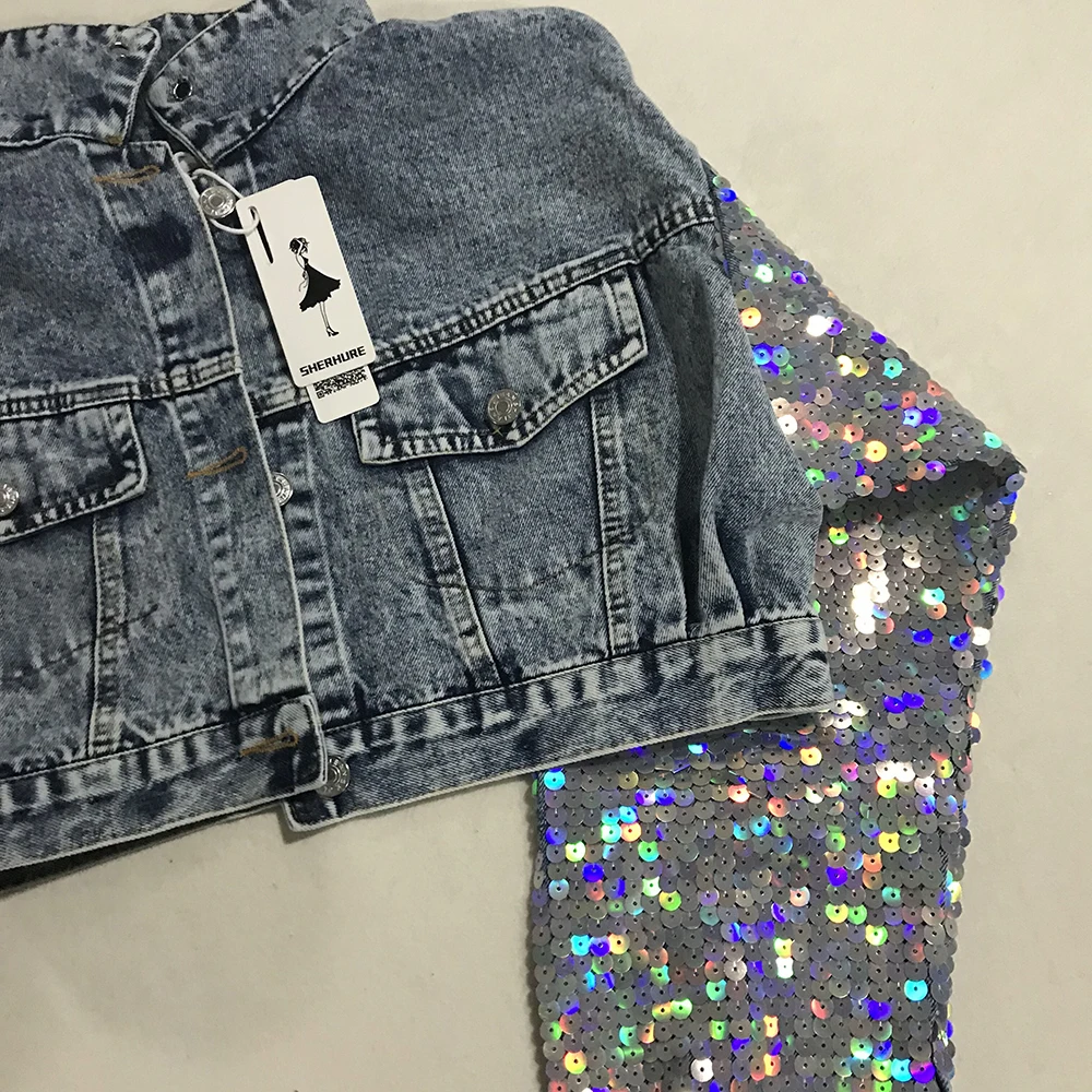 discounted  2019 Fashion Design Punk Style Women Spring Jacket Coat Sequins Sleeve Women Denim Long Jacket Coat