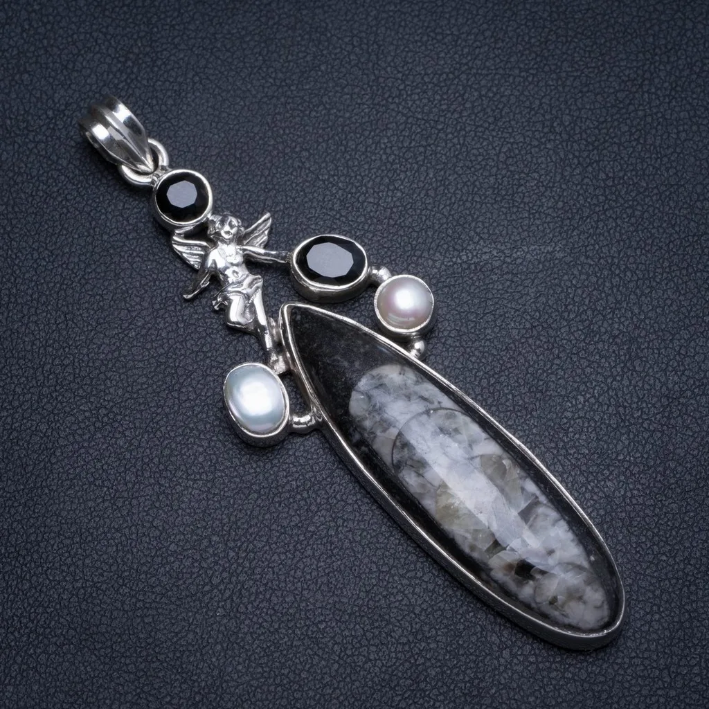 

Natural Septarian Geode,Black Onyx and River Pearl Handmade Unique 925 Sterling Silver Pendant 3" X0177