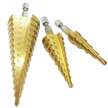 

3pc Hss Step Cone Taper Drill Metal Plastic Hole Cutter Metric 4-12/20/32mm 1/4" Hex Shank Quick Release Titanium Cone Drill Bit