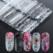 10 шт черно-белые наклейки для ногтей Переводные фольга смешанные цветы кружева дизайн голографическая бумага для гель-лака маникюр декор LE798-D