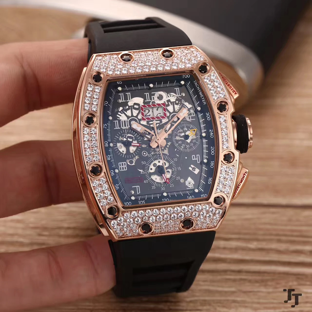 

Luxury Brand New Black Rubber Men Watch Sapphire Automatic Mechanical Rose Gold Silver Iced Diamonds Tourbillion Calendar AAA+