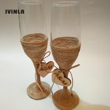 

1 pair/lot Personalized Rustic Wedding Bridal Shower Gift wedding burlap Champagne Toasting Glasses Set jute wedding wine cup