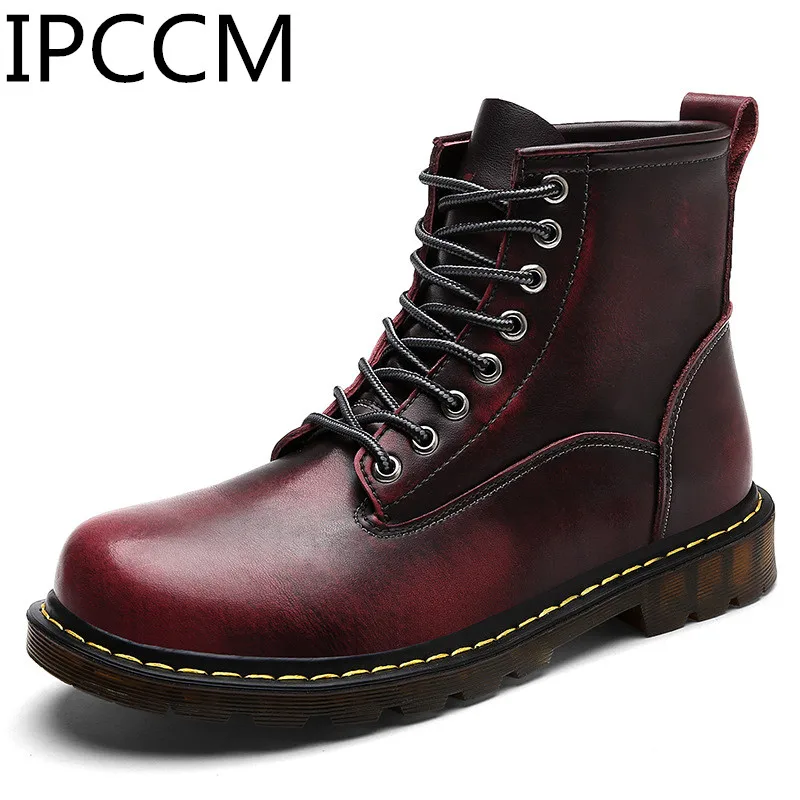 

2019 Winter Explosions Martin Boots Leather Large Size Men's Leather Fashion Wild Tooling Short Boots Solid Color Front Strap