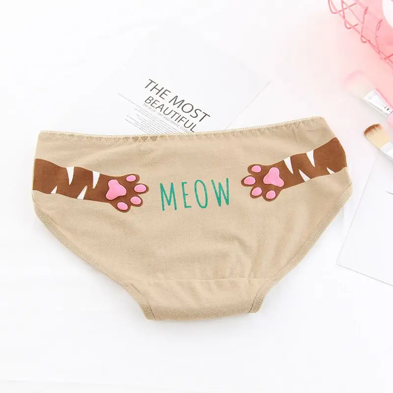 

2019 New Women Sweet Cartoon Cat Print Mid Waist Soft Cotton Print Bow Briefs Modern Sweet Stretch Breathable Panties L XL Size!